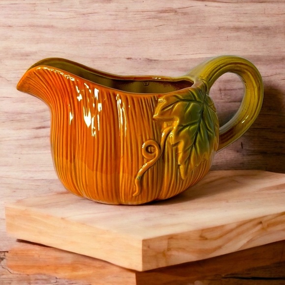 Harvest Pumpkin Gravy Boat Pitcher Hand Painted Glazed Ceramic NEW Merchandise - Picture 2 of 15